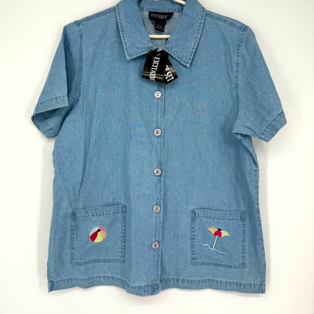 Vintage NEW beachy embroidered denim/chambray button down shirt